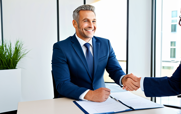 Successful Negotiation**
"A confident lawyer in a professional, modern office setting, shaking hands with a hiring manager across a desk. Documents are visible on the desk, suggesting a finalized agreement. The lawyer is wearing a well-tailored business suit, fully clothed, and projecting an aura of success and satisfaction. Background should be bright and professional. Safe for work, appropriate content, professional, modest, family-friendly, perfect anatomy, correct proportions, natural pose, well-formed hands, proper finger count, natural body proportions."
**