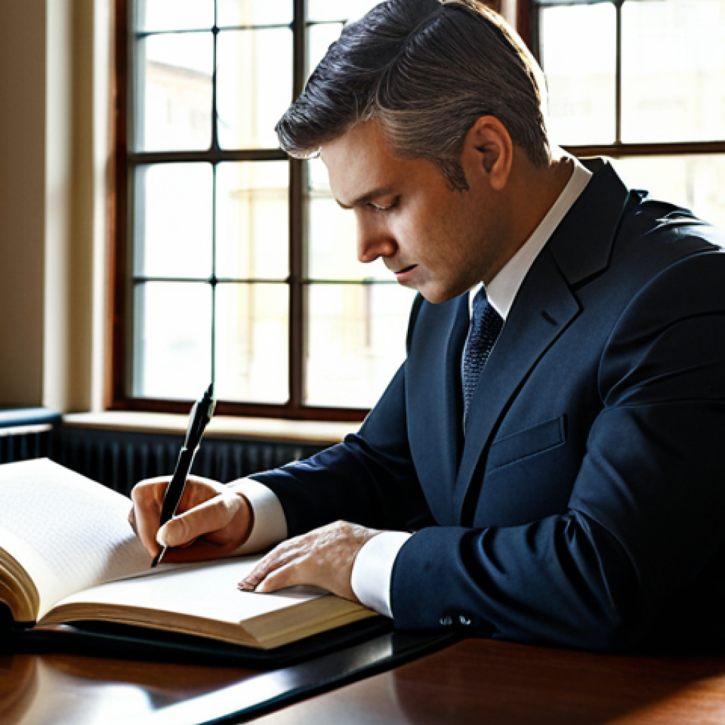 Lawyer Reflecting in Office**
"A lawyer in a professional, modern office, sitting at a desk with a leather-bound journal. They are fully clothed in a business suit, thoughtfully writing in the diary with a fountain pen. Sunlight streams through a large window, illuminating the scene. Bookshelves line the wall behind them. Focus on the lawyer's contemplative expression. safe for work, appropriate content, fully clothed, professional, perfect anatomy, natural pose, high quality, well-formed hands, proper finger count, modest clothing."
**