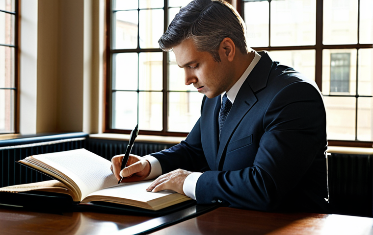 Lawyer Reflecting in Office**
"A lawyer in a professional, modern office, sitting at a desk with a leather-bound journal. They are fully clothed in a business suit, thoughtfully writing in the diary with a fountain pen. Sunlight streams through a large window, illuminating the scene. Bookshelves line the wall behind them. Focus on the lawyer's contemplative expression. safe for work, appropriate content, fully clothed, professional, perfect anatomy, natural pose, high quality, well-formed hands, proper finger count, modest clothing."
**