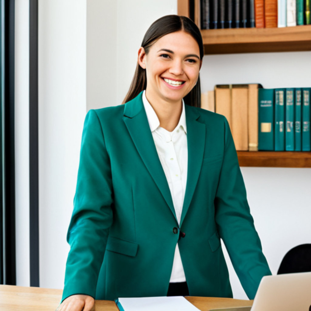 Freelance Lawyer Working at Home**
"A professional freelance lawyer, fully clothed in a modest and stylish blazer and slacks, working from a bright and organized home office, complete with a laptop, legal books, and a cup of coffee. The background features a bookshelf and a window overlooking a green garden. The lawyer is smiling slightly, conveying competence and approachability. Safe for work, appropriate content, professional, perfect anatomy, natural proportions, well-formed hands, proper finger count, natural pose, high resolution, professional photography."
**