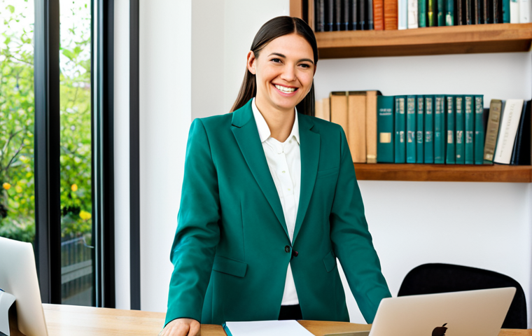 Freelance Lawyer Working at Home**
"A professional freelance lawyer, fully clothed in a modest and stylish blazer and slacks, working from a bright and organized home office, complete with a laptop, legal books, and a cup of coffee. The background features a bookshelf and a window overlooking a green garden. The lawyer is smiling slightly, conveying competence and approachability. Safe for work, appropriate content, professional, perfect anatomy, natural proportions, well-formed hands, proper finger count, natural pose, high resolution, professional photography."
**