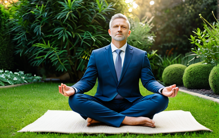 Mindfulness Meditation**
A professional lawyer, fully clothed in business casual attire, sitting in a peaceful garden meditating, safe for work, appropriate content, natural pose, perfect anatomy, calming atmosphere, soft lighting, high quality, professional, modest, family-friendly.
**