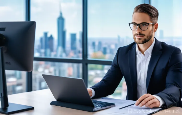 변호사 연봉 상승을 위한 기술 개발 - A professional, focused lawyer (either male or female, mid-30s to 40s) sits at a modern, clean desk ...