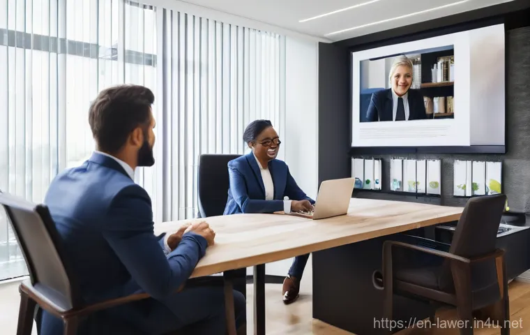 변호사 연봉 상승을 위한 기술 개발 - A professional, focused lawyer (either male or female, mid-30s to 40s) sits at a modern, clean desk ...