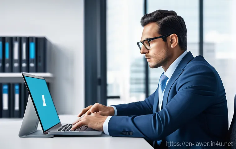 변호사로 일하며 주의해야 할 점 - **Prompt: Lawyer Bolstering Digital Defenses**
"A diligent male lawyer, in his late 30s, wearing...