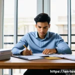 변호사 시험 준비의 경제적 부담 관리법 - "A determined law student, in their mid-20s, meticulously plans their finances at a clean, well-orga...