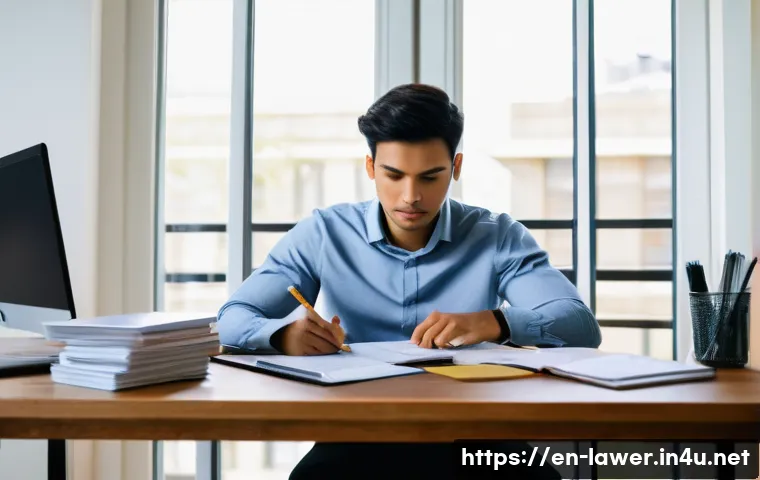 변호사 시험 준비의 경제적 부담 관리법 - "A determined law student, in their mid-20s, meticulously plans their finances at a clean, well-orga...