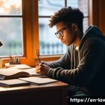 변호사 시험을 포기하지 않는 동기 부여 - A focused young adult studying at a tidy desk in a cozy, softly lit room during early morning hours,...