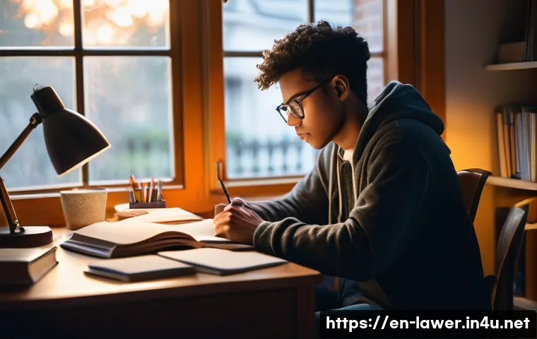 변호사 시험을 포기하지 않는 동기 부여 - A focused young adult studying at a tidy desk in a cozy, softly lit room during early morning hours,...
