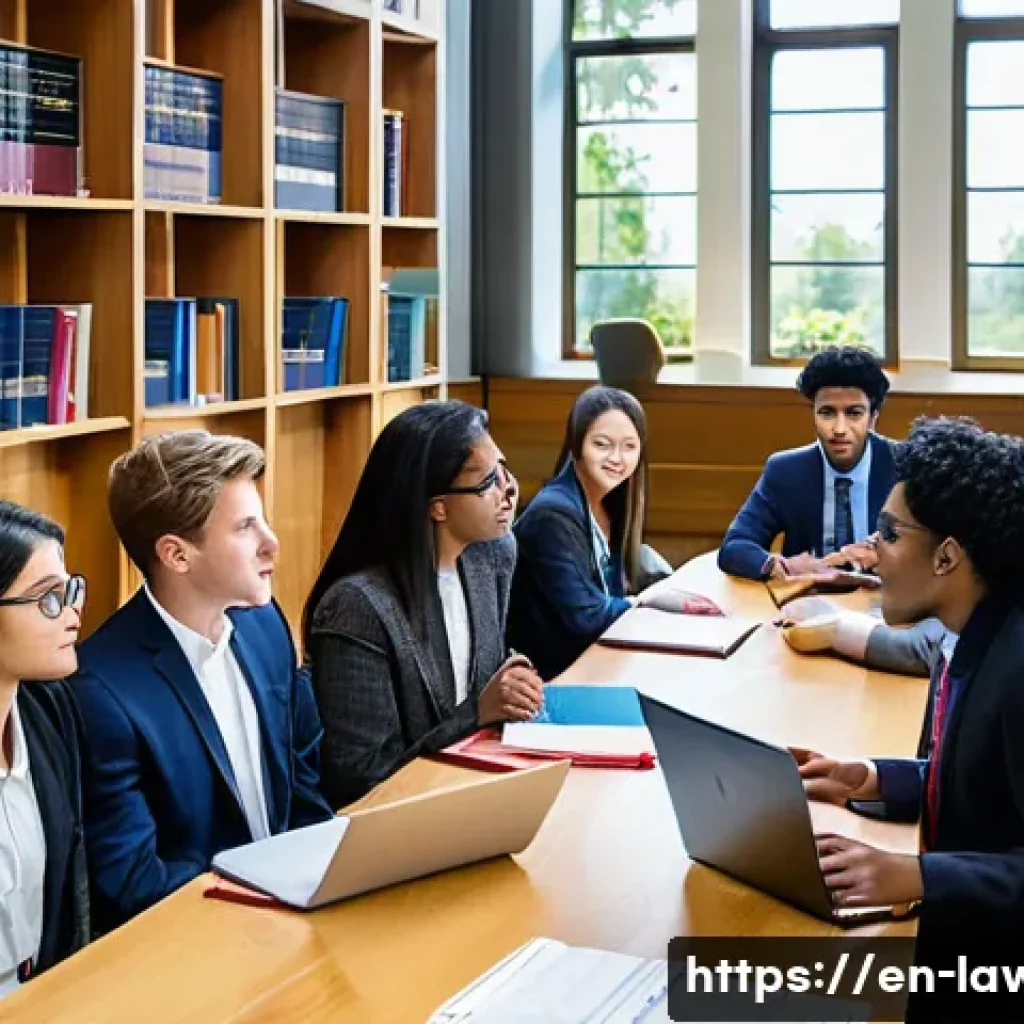 변호사 자격 취득 후 해외 유학 사례 - A diverse group of international law students gathered around a large wooden table in a modern unive...