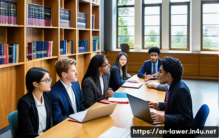 변호사 자격 취득 후 해외 유학 사례 - A diverse group of international law students gathered around a large wooden table in a modern unive...