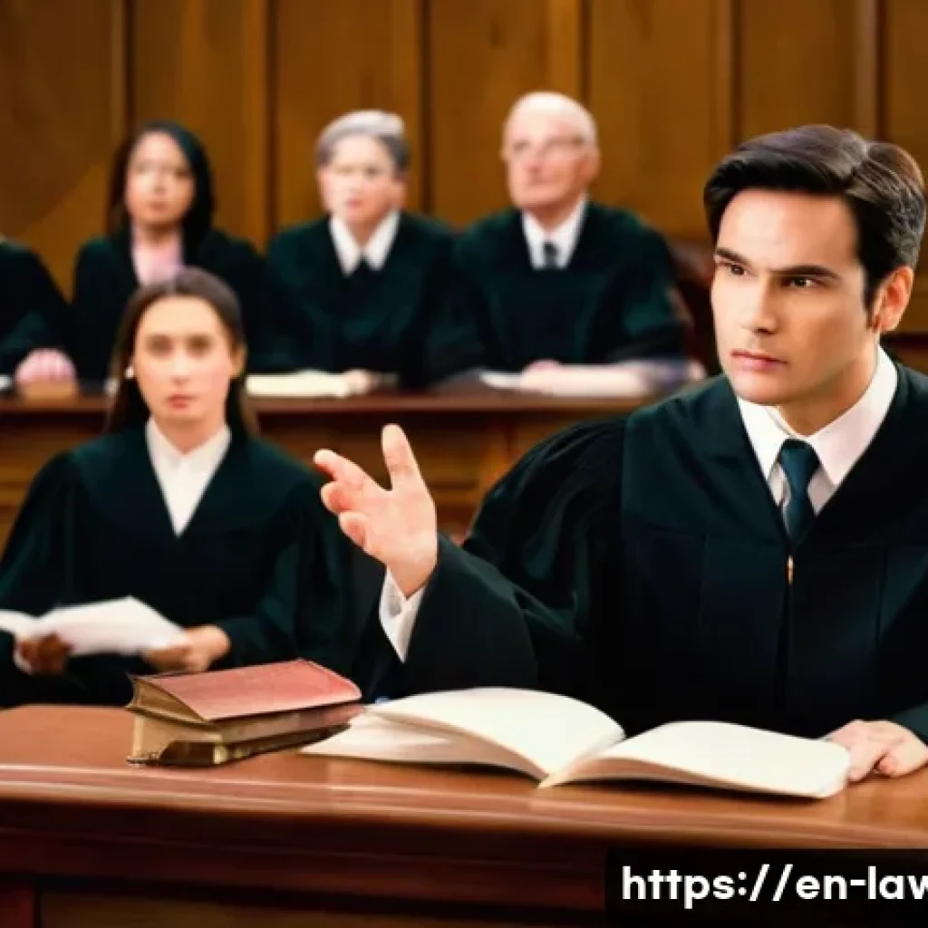 변호사 업무를 통해 얻는 기술과 교훈 - A professional courtroom scene featuring a confident lawyer delivering a persuasive argument to a ju...