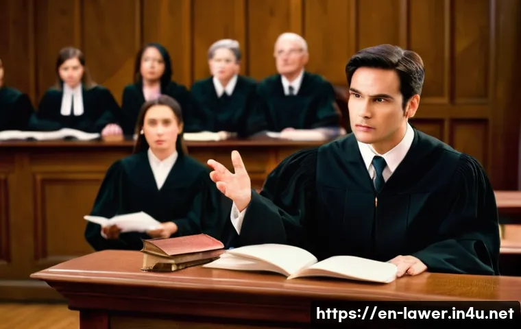 변호사 업무를 통해 얻는 기술과 교훈 - A professional courtroom scene featuring a confident lawyer delivering a persuasive argument to a ju...