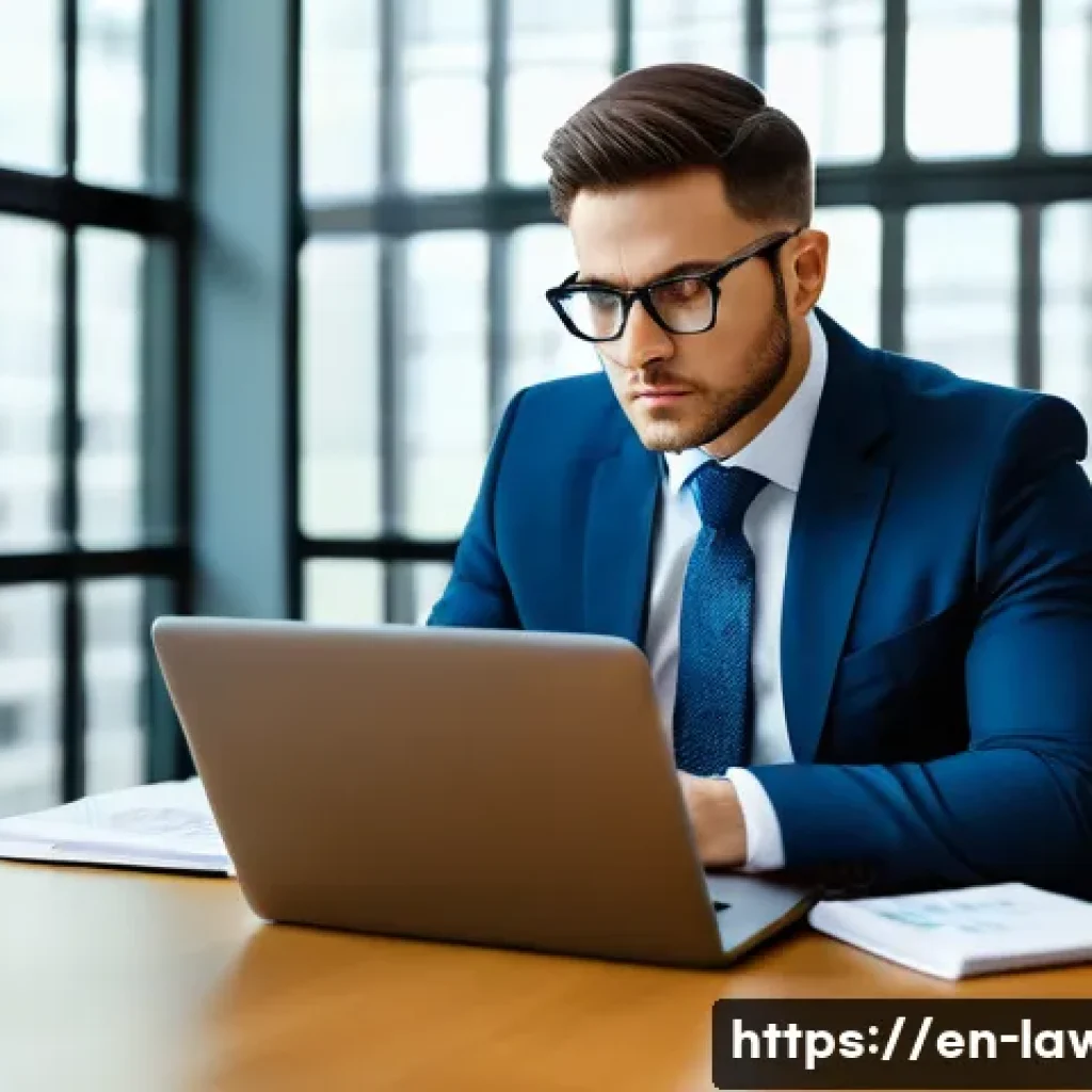 변호사로 일하는 현실 - A professional lawyer in a modern office setting, dressed in a business suit and neatly wearing glas...