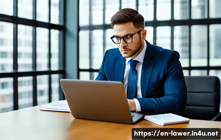 변호사로 일하는 현실 - A professional lawyer in a modern office setting, dressed in a business suit and neatly wearing glas...