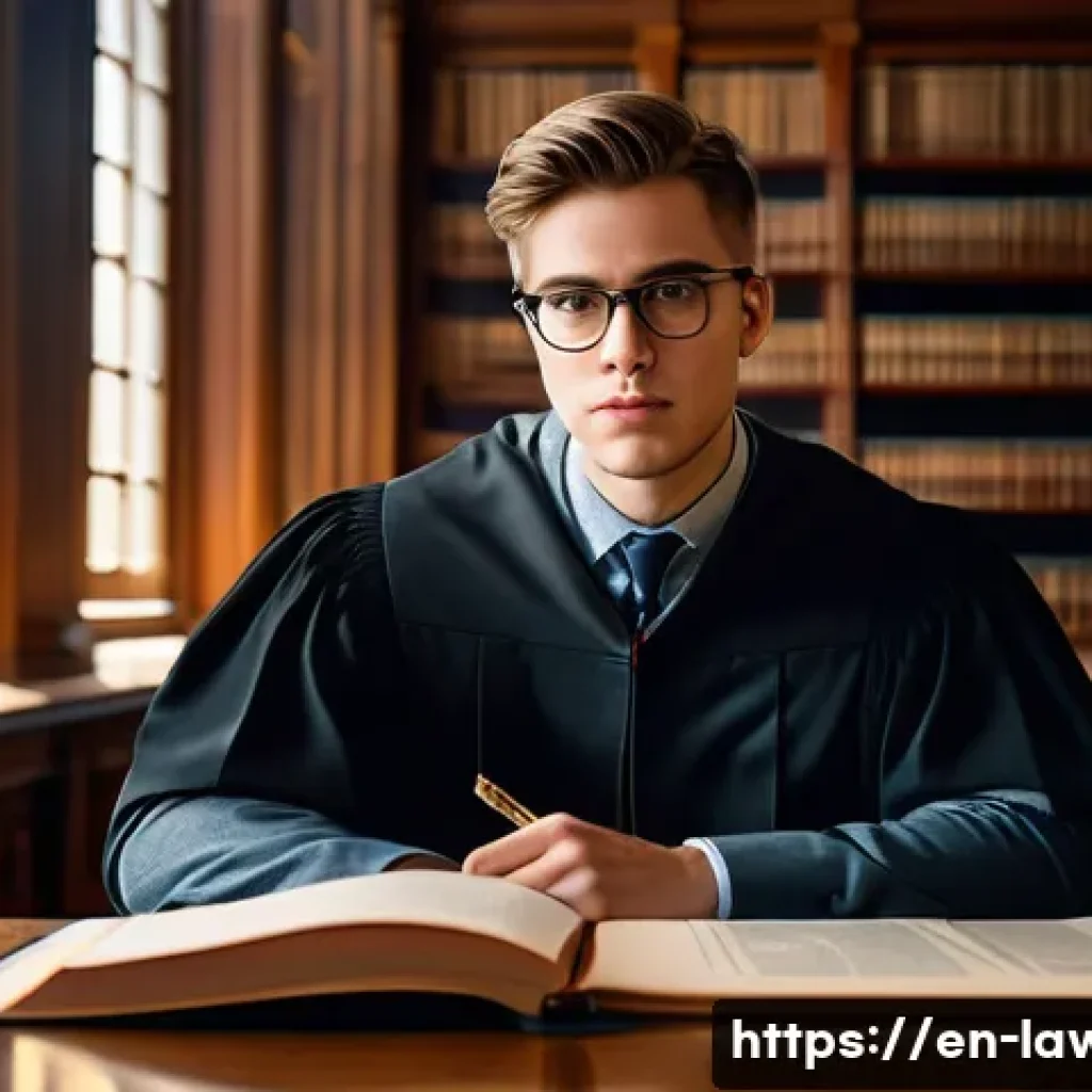 변호사 시험과 법학 학위 과정 - A focused law student sitting at a large wooden desk in a classic university law library, surrounded...
