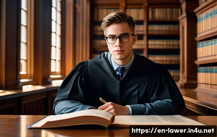 변호사 시험과 법학 학위 과정 - A focused law student sitting at a large wooden desk in a classic university law library, surrounded...