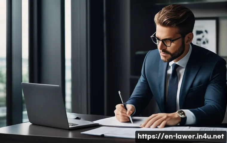 법률 변호사로서의 윤리적 선택 사례 - A professional lawyer in a modern office setting, thoughtfully reviewing confidential documents on a...