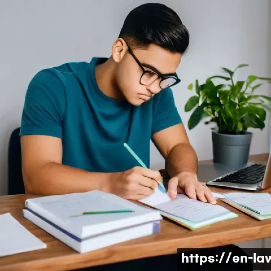 변호사 시험 합격을 위한 심리 전략 - A focused young adult studying at a modern, minimalist desk in a bright room during the evening, wea...
