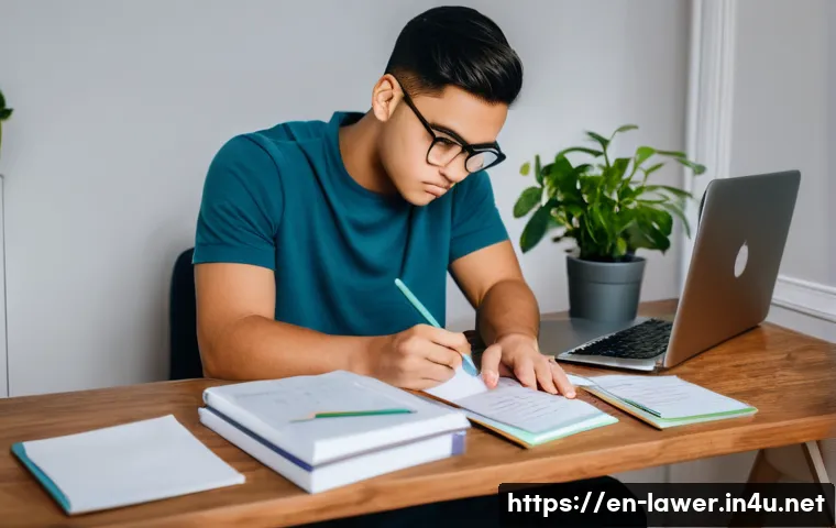 변호사 시험 합격을 위한 심리 전략 - A focused young adult studying at a modern, minimalist desk in a bright room during the evening, wea...