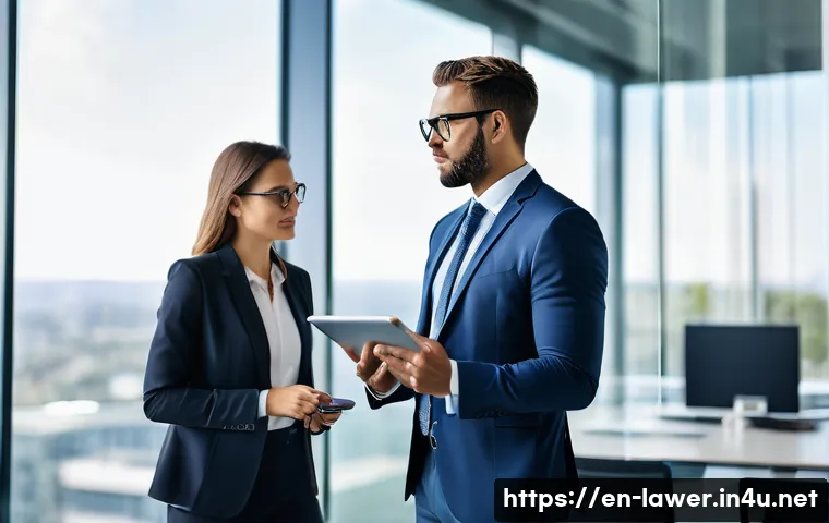 변호사 경력 중간 전환 전략 - A professional business setting showing a confident mid-career lawyer transitioning into a corporate...