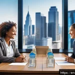 변호사 자격증 활용 후 변호사로서 성장 방법 - A professional networking event in a modern conference room with diverse lawyers dressed in business...