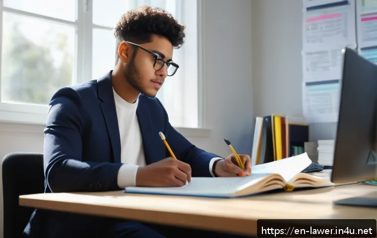 변호사 시험에서 합격률 높은 과목 - A focused young adult law student sitting at a modern desk in a bright, cozy study room filled with ...