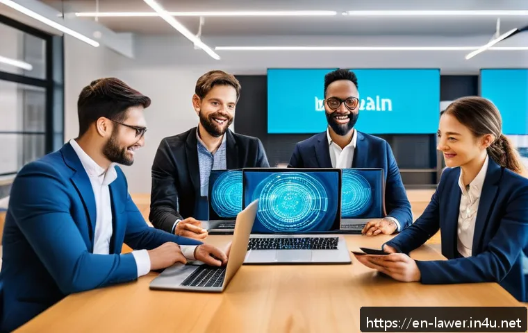 변호사 자격증 활용법 사례 모음 - A modern, bright tech startup office setting with diverse legal professionals collaborating with eng...