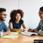 변호사 시험을 위한 스터디 그룹 운영 - A diverse study group of four young adults sitting around a modern table in a bright, cozy room fill...