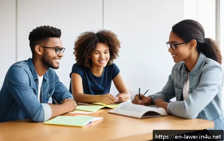 변호사 시험을 위한 스터디 그룹 운영 - A diverse study group of four young adults sitting around a modern table in a bright, cozy room fill...