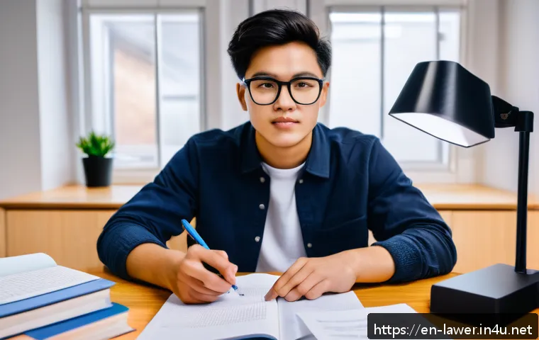 변호사 시험 과목별 학습 방법 - A focused young adult studying at a modern home office desk surrounded by neatly organized legal tex...