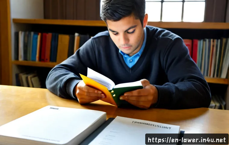 법률 시험 준비 꿀팁 - Photorealistic law exam preparation scene in a quiet American public library, focused adult student ...