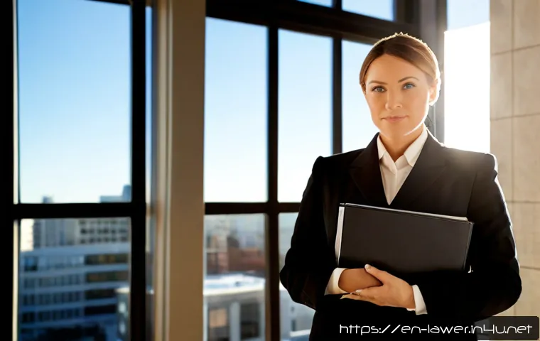 Home 17 변호사 경력의 전환점 만들기 - Photorealistic mid-career attorney standing confidently beside a large sunlit office window, holding...
